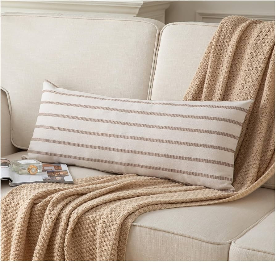 Boho Lumbar Throw Pillow Cover 14X36 Long Soft Farmhouse Decorative Couch Pillow Cases Beige Stri... | Amazon (US)