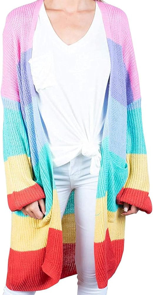 ZESICA Women's Long Sleeve Striped Color Block Open Front Draped Loose Knit Lightweight Cardigan ... | Amazon (US)