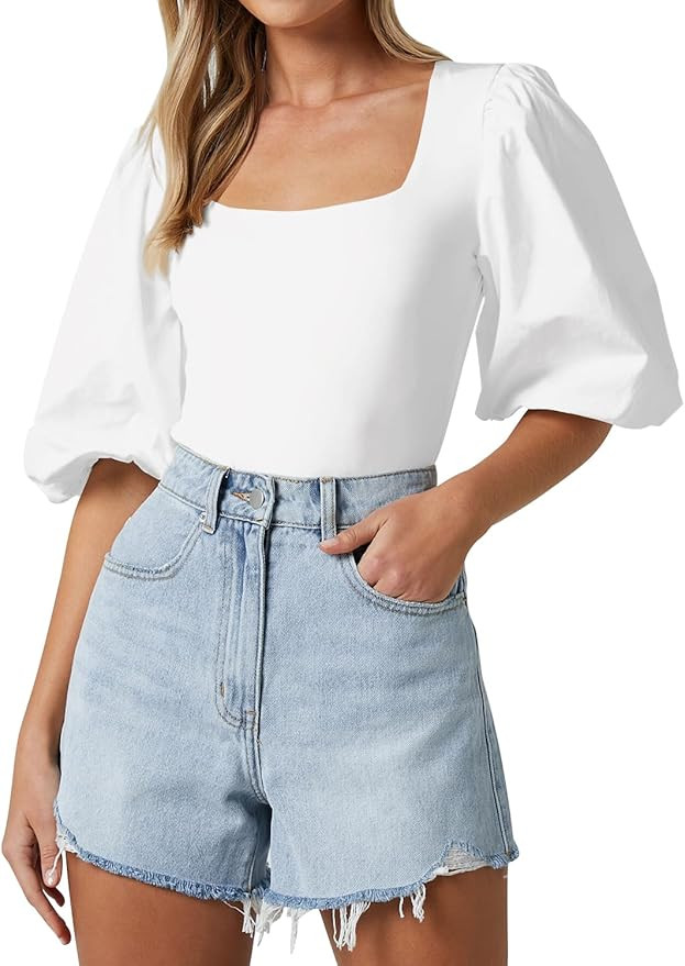 Women's Square Neck Puff Short Sleeve Tops Summer Dressy Casual Blouse T Shirts | Amazon (US)