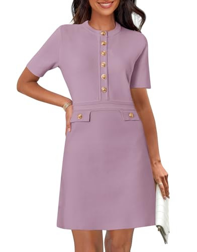 MEROKEETY Women's Knit Bodycon Sweater Dress Button Short Sleeve Crew Neck Elegant Formal Mini Dress, Taro, Small | Amazon (US)
