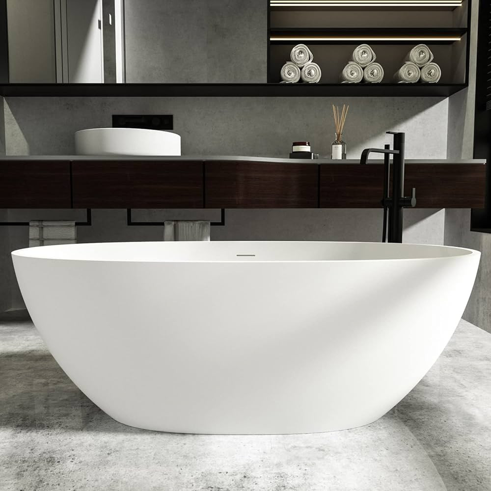 55" Freestanding Bathtub, Oval Shaped Stone Resin Freestanding Tubs, Solid Surface Matte White Soaking Tub with Overflow and Pop-up Drain | Amazon (US)