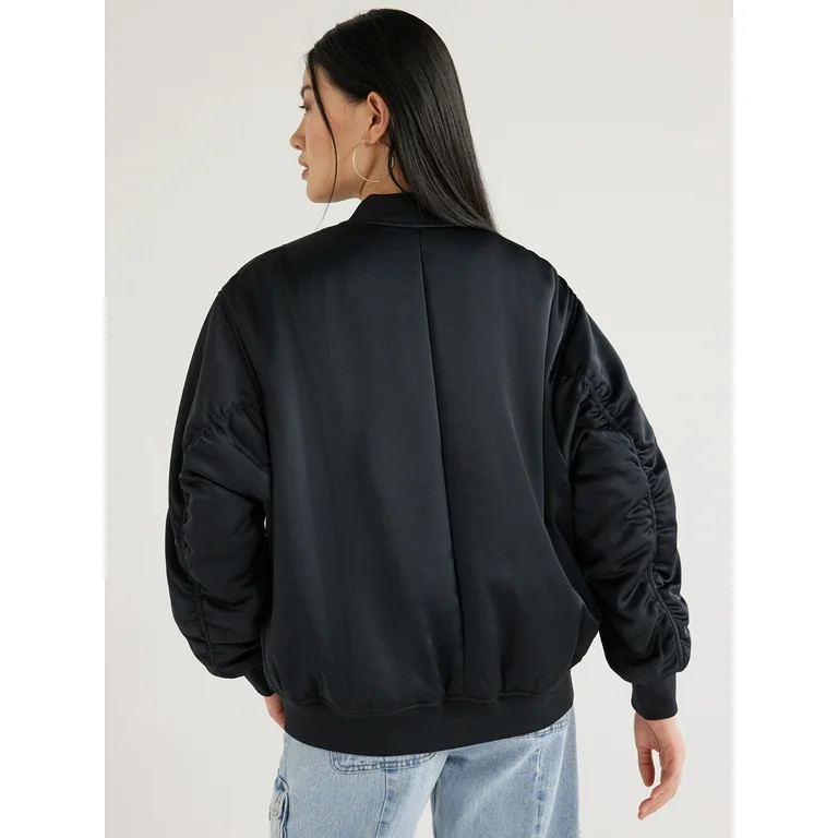 Scoop Women's Oversized Satin Bomber Jacket with Rouched Sleeves, Sizes XS-XXL | Walmart (US)