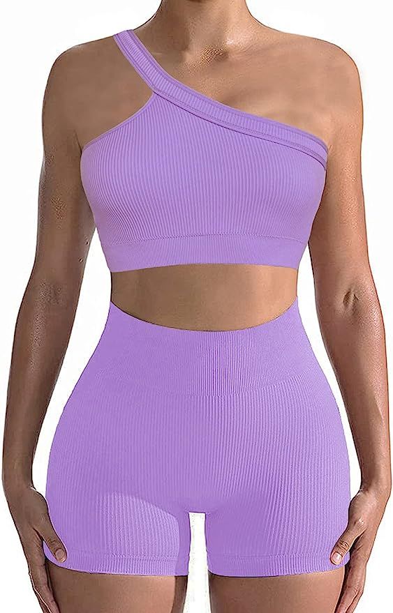 Two Piece Workout Set for Women, Sexy One Shoulder Matching Crop Tank Top Set Outfits for Women | Amazon (US)