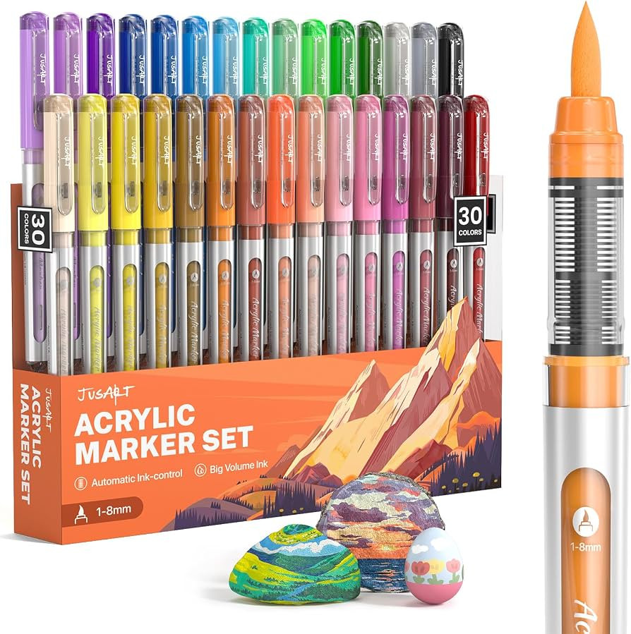 JusArt Acrylic Paint Markers Brush Tip 30 Colors, Water-Based No-Bleed Markers with Automatic Ink... | Amazon (US)