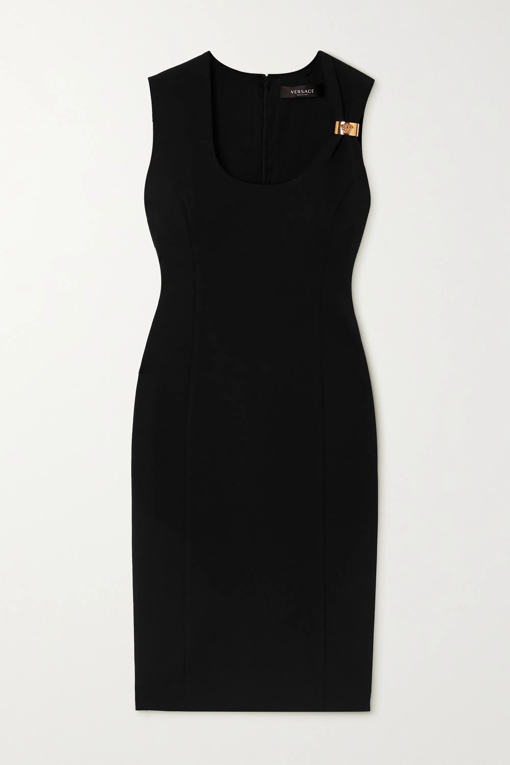 Black Embellished cady midi dress | Versace | NET-A-PORTER | NET-A-PORTER (UK & EU)