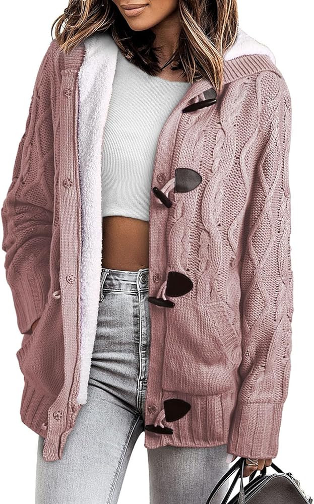 Sidefeel Women Hooded Knit Cardigans Button Cable Sweater Coat | Amazon (US)