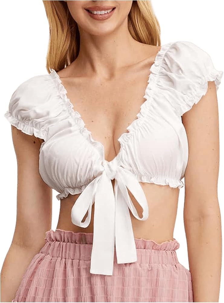 SweatyRocks Women's Sexy Tie Front Crop Top Deep V Neck Puff Short Sleeve Casual Blouse Shirt | Amazon (US)