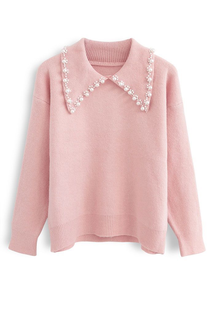 Pearl Trims Collar Soft Touch Knit Sweater in Pink | Chicwish