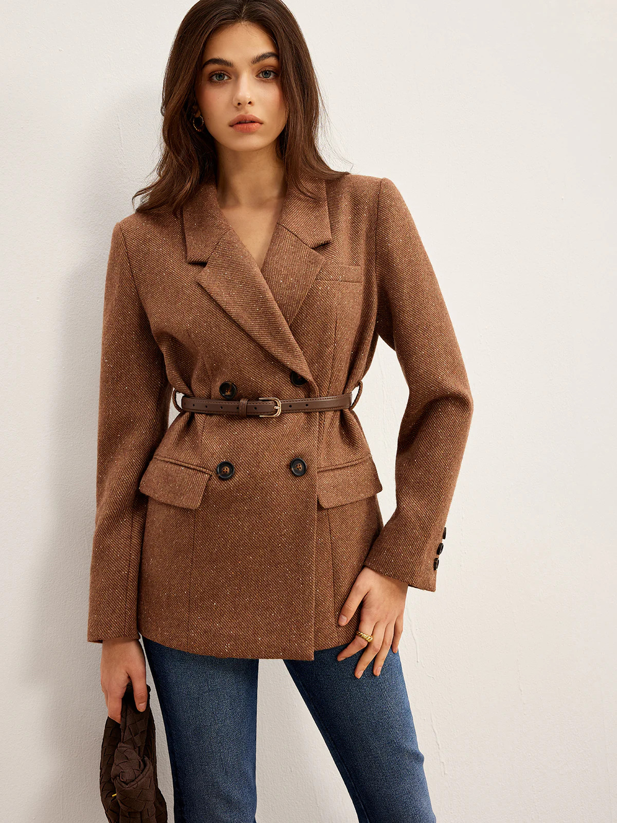 Wool-Blend Textured Belted Blazer | Commense