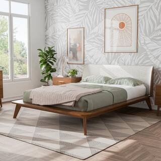 Riverstone Mid Century Modern Boucle Fabric Brown Wood Frame Queen Low Profile Platform Bed with Wingback Headboard | The Home Depot