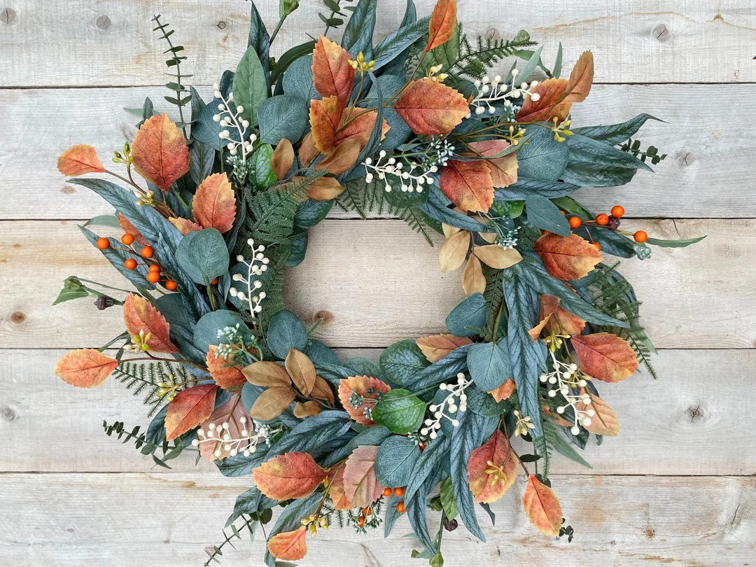 Fall Eucalyptus Wreath With Fall Foliage and White Berries, Farmhouse Wreath for Fall Door, Fall ... | Etsy (US)