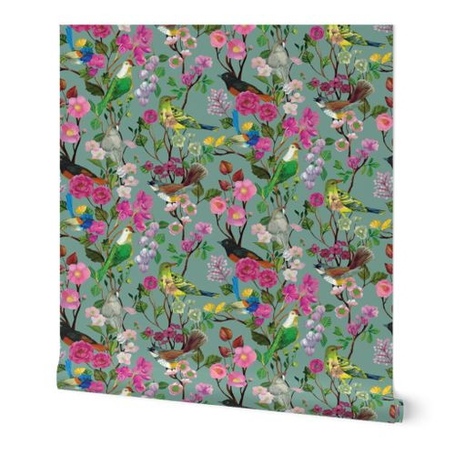 Birds and Blooms Chinoiserie {Duck Egg} | Spoonflower