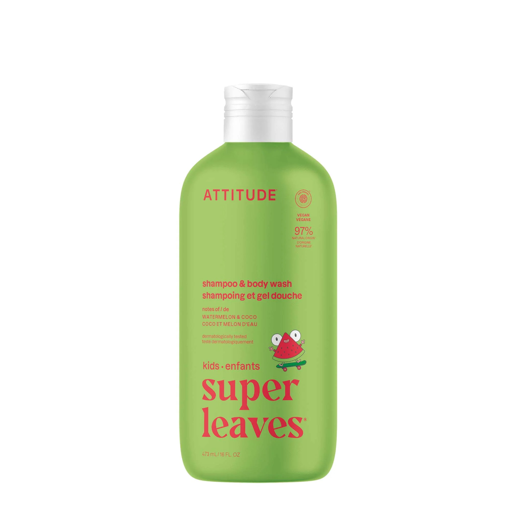ATTITUDE Shampoo and Body Wash for Kids, EWG Verified, Dermatologically Tested, Plant- and Mineral-Based Ingredients, Vegan and Cruelty-Free, Watermelon and Coco, 16 Fl Oz | ATTITUDE Living