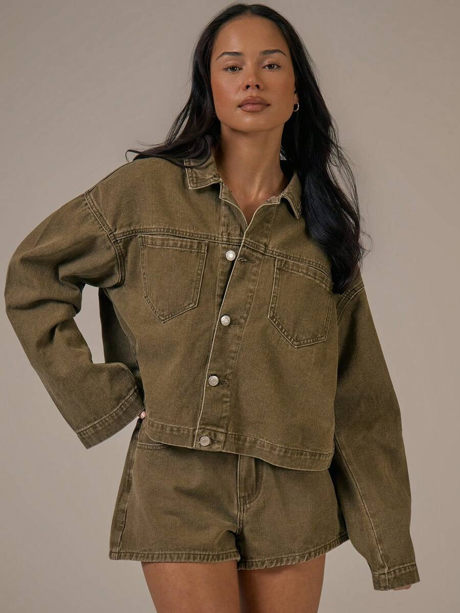 MUSERA Flared Sleeve Oversized Washed Denim Jacket Spring Summer Cute Cosy Cottage Core Spring Dew Fall Autumn | SHEIN