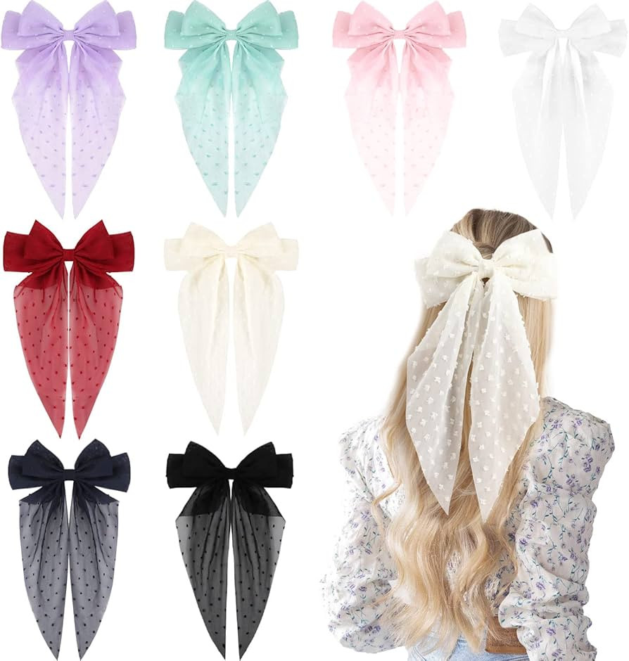 8Pcs Big Tulle Layered Hair Bows for Women Girls 8 Inch Barrette Hair Clip Long Black Gauze Bows ... | Amazon (US)