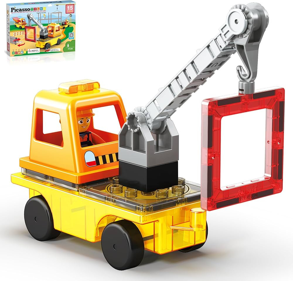 PicassoTiles Magnet Tile Building Blocks 3-in-1 Crane, Dump Truck, and Ladder Construction Vehicl... | Amazon (US)