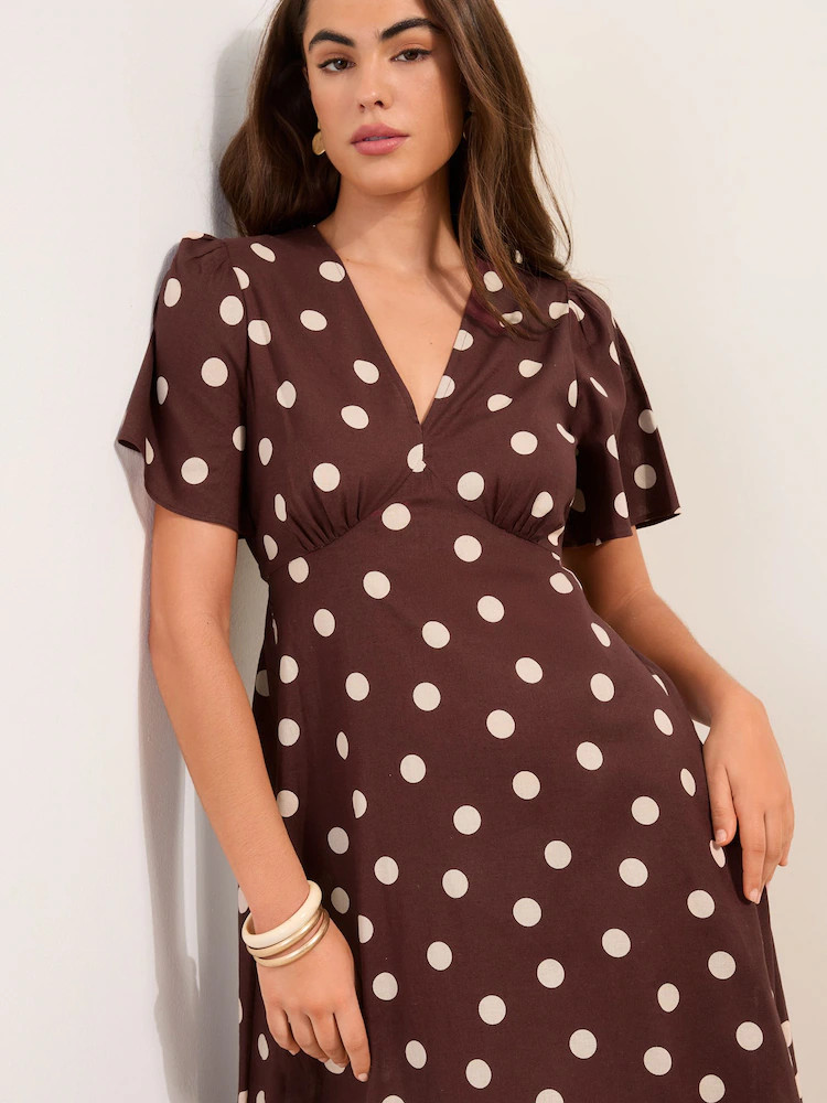 Friends Like These Brown Spot V-Neck Flutter Sleeve Midi Dress Contains Linen | Next EU
