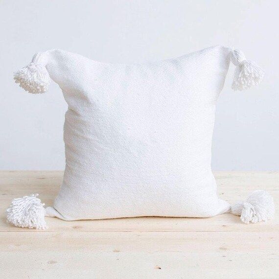 Moroccan cotton pillows , 20x20 , Tassel Pillow Cover , all White , White pompoms , pom pom pillo... | Etsy (US)