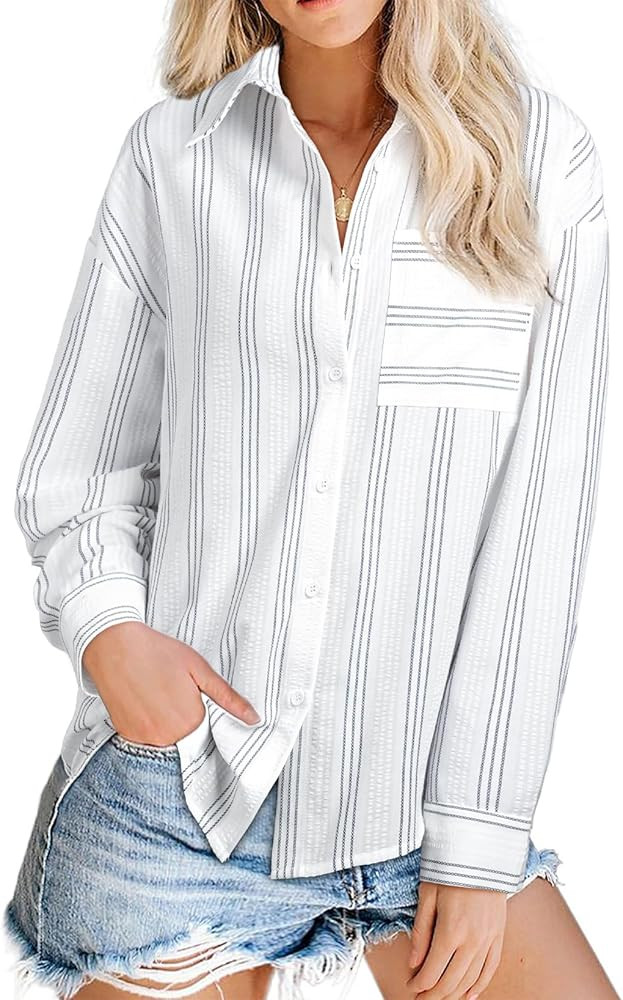 EVALESS Blouses for Women Dressy Casual Striped V Neck Long Sleeve Button Down Shirts Summer 2025... | Amazon (US)