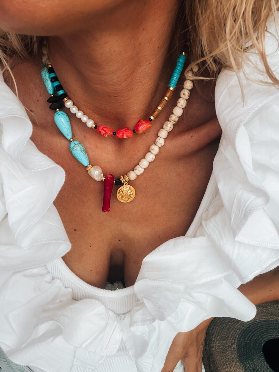 Ethnic Coin Beaded Necklace, Semiprecious Beads Necklace, Gold Details, Colorful Summer Necklace,... | Etsy (US)