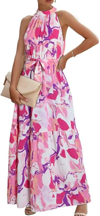 Dokotoo Womens Summer Floral Bohemian Wedding Guest Bridesmaid Halter Neck Maxi Dress with Belted | Amazon (US)