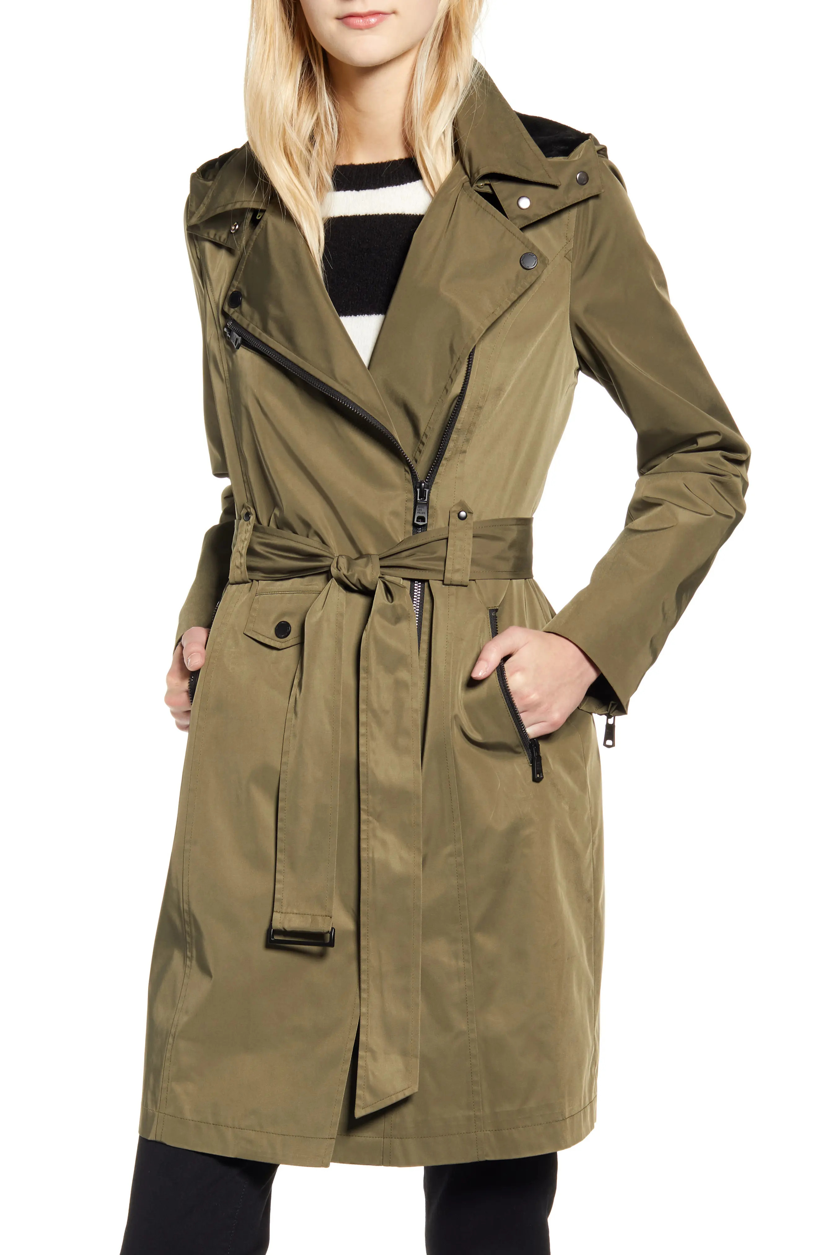 Women's Avec Les Filles Water Resistant Moto Detail Trench Coat, Size Large - Green | Nordstrom