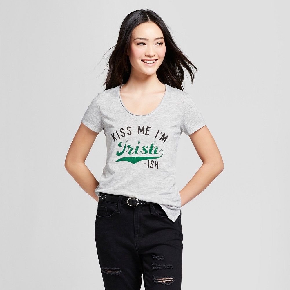 petiteWomen's St. Patrick's Day Kiss Me I'm Irish-Ish Printed Short Sleeve V-Neck Graphic T-Shirt - Grayson Threads (Juniors') - Gray XS | Target