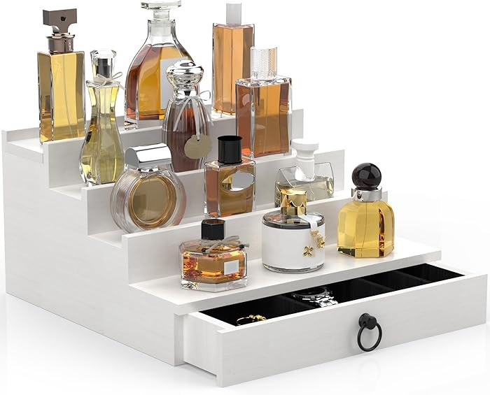 Cologne Organizer for Men, 4 Tier White Wood Perfume Organizer with Felt Lining Drawer and Hidden... | Amazon (US)