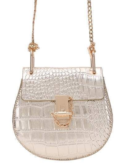 Gold Crocodile Embossed Chain Saddle Bag | SHEIN