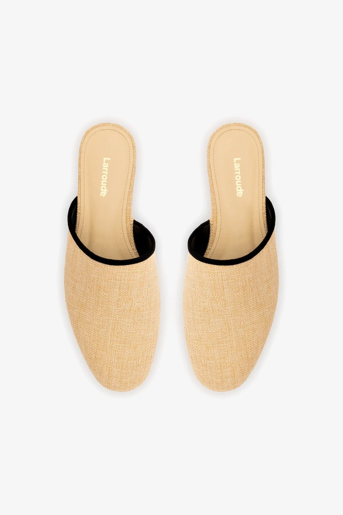 Venice Flat Mule In Beige Raffia and Black Trimming | Larroude