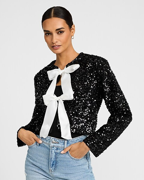 Sequin Crew Neck Bow Front Jacket | Express