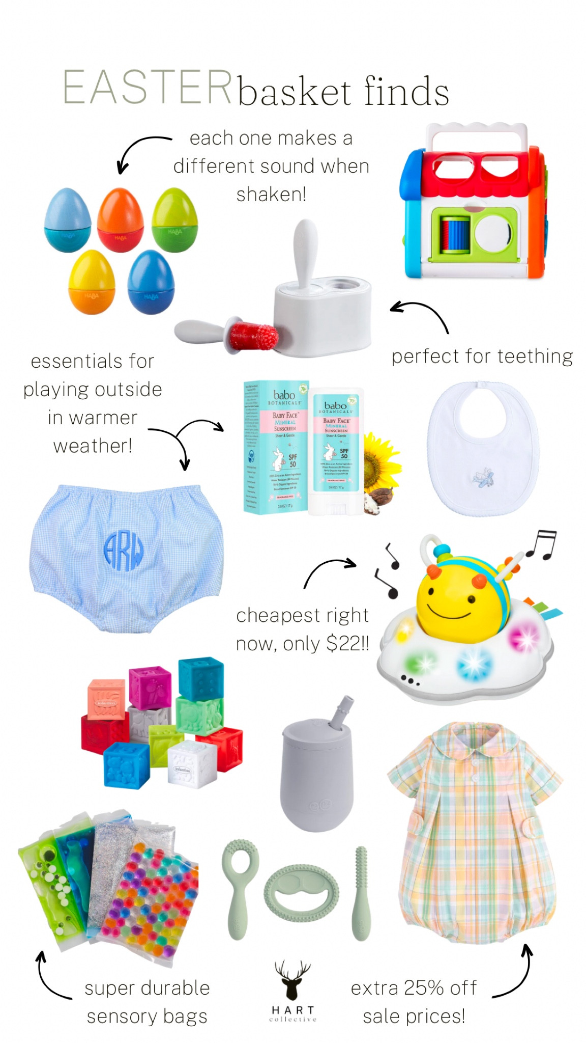 More finds for our baby's easter basket! We are in the middle of starting solids, teething, and learning to crawl, so things that are easy to clean are KEY!

haba musical eggs | tiny shape sorter | ezpz teething popsicle mold | little english boy bib | cecil and lou monogram swim diaper cover | babo botanicals sensitive organic sunscreen stick | skiphop bee crawling toy | easy clean blocks | ezpz straw cup | little english sale bubble | durable easy clean sensory toy | ezpz teether set

#LTKbaby #LTKfamily #LTKSeasonal