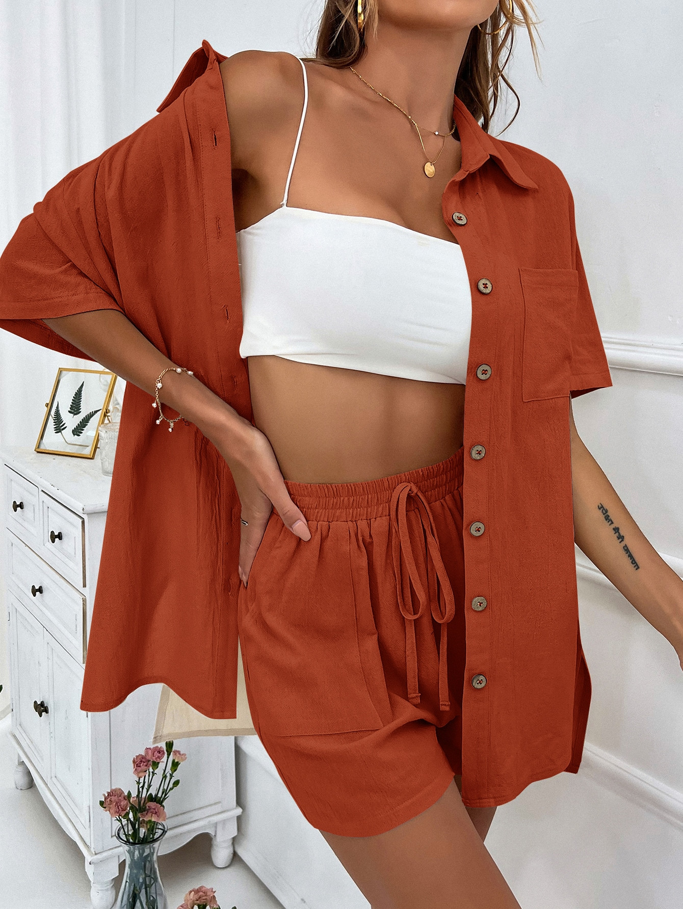 SHEIN Essnce Patched Pocket Drop Shoulder Shirt & Knot Front Shorts | SHEIN