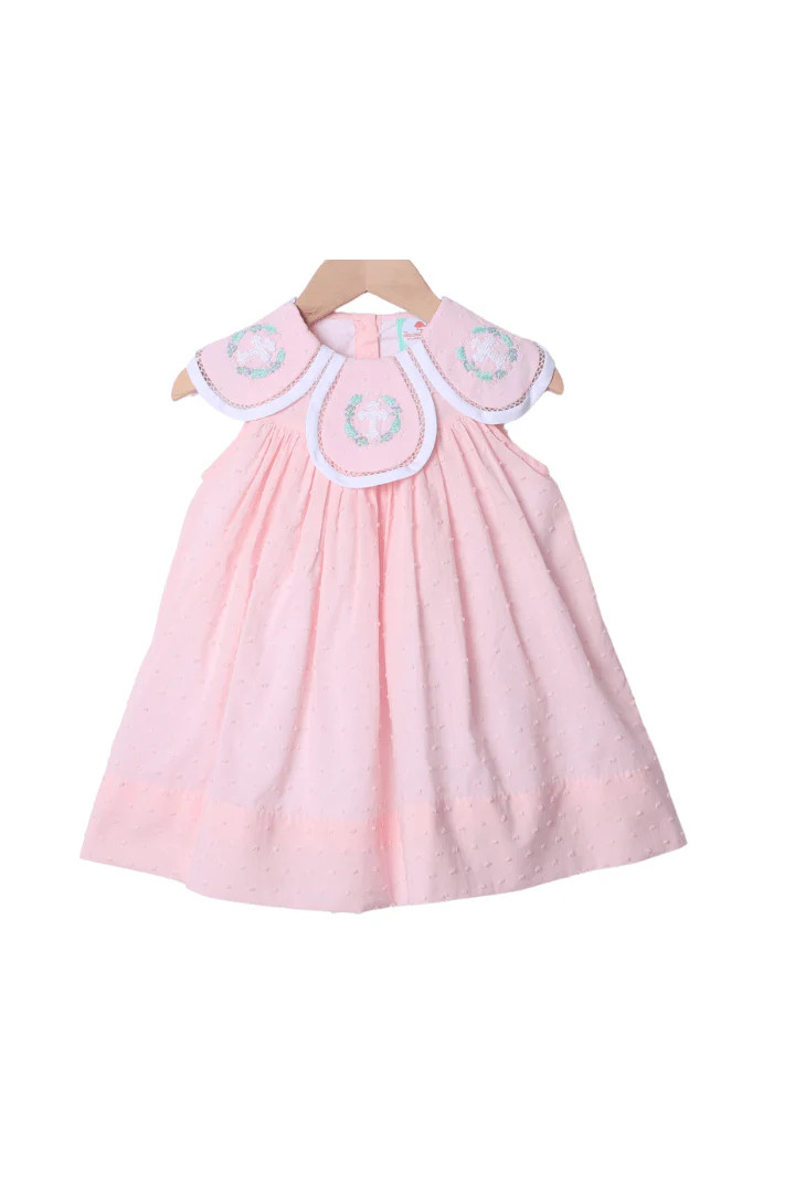 Crochet Cross Pink Swiss Dot Dress | The Smocked Flamingo