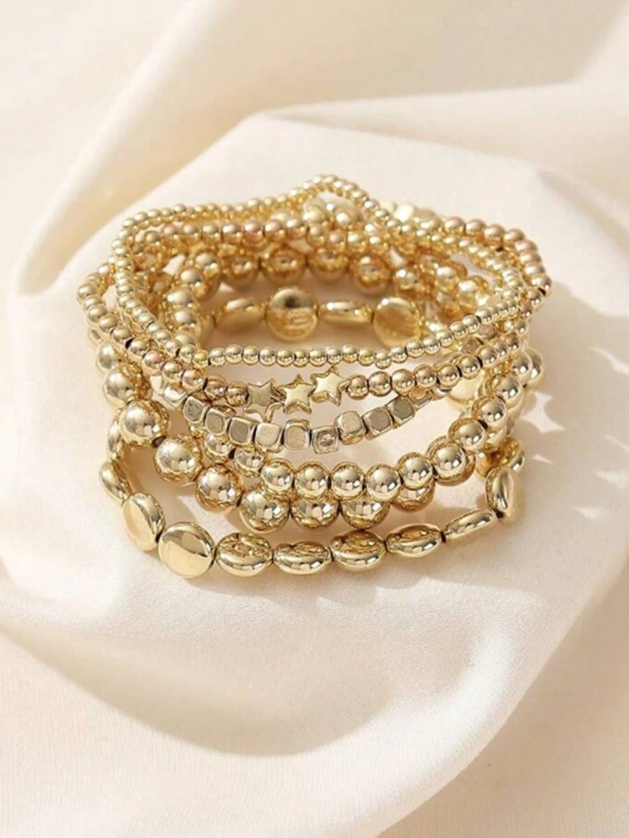 6pcs/Set Fashionable Minimalist Ccb Material Asymmetrical Round Bead & Geometric Square Beaded Br... | SHEIN