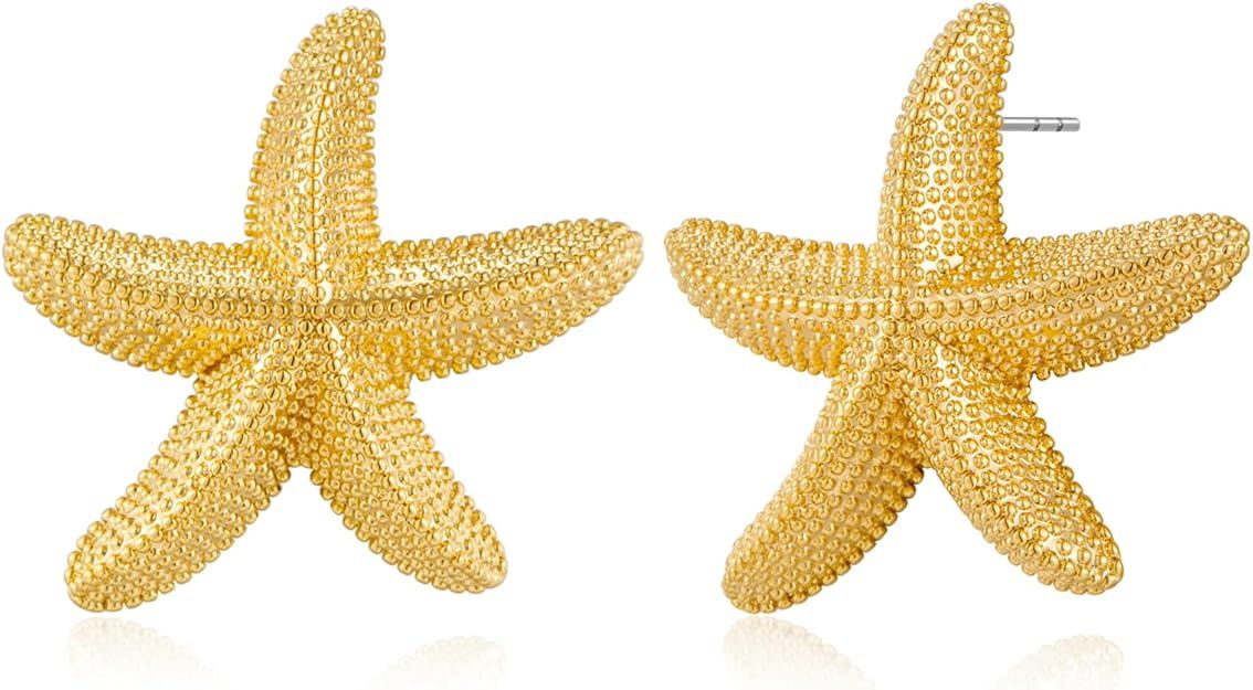 WOWORAMA Chunky Gold Stud Earrings for Women Gold Seashell Starfish Earrings Vintage Boho Ocean S... | Amazon (US)