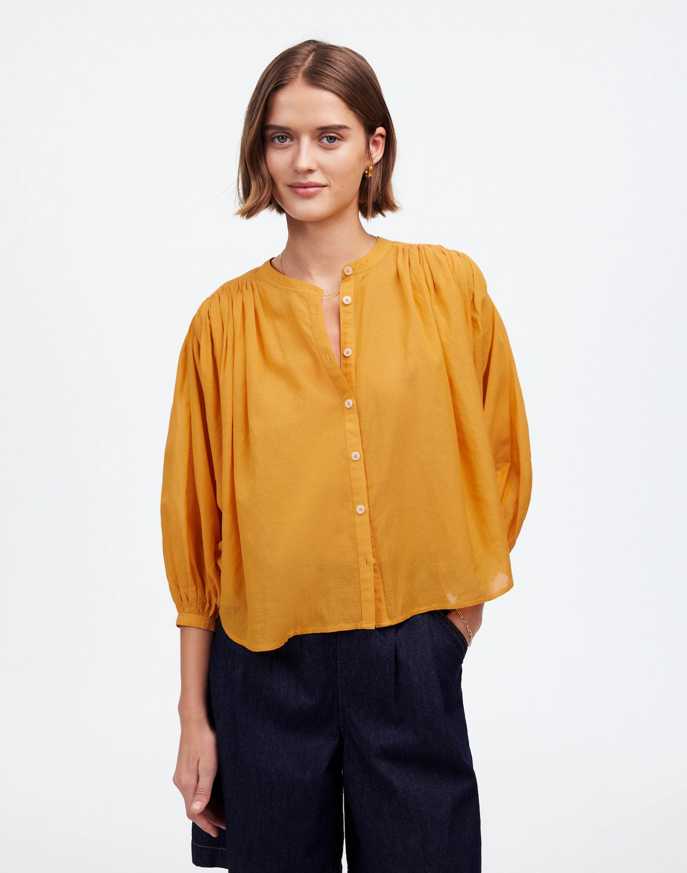 Shirred Crewneck Button-Up Top | Madewell | Madewell