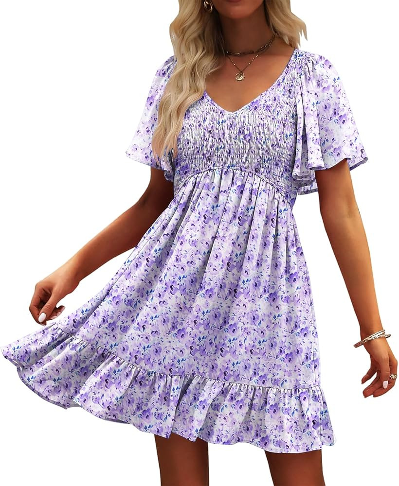 Womens Cute Floral Smocked V Neck Flutter Sleeve Sundress with Pockets Casual Spring Summer Dress... | Amazon (US)