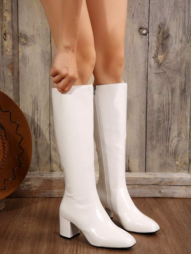 Use com Suéter, Bota Alta de Salto Grosso de Bico Quadrado Estilo Kendall, Bota Equestre de Cour... | SHEIN