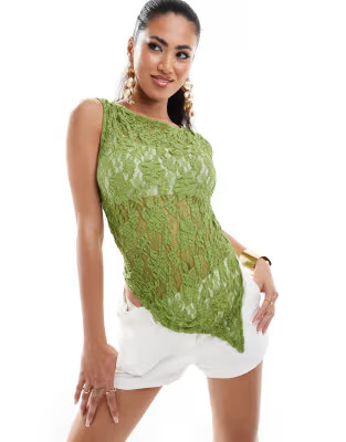 ASOS DESIGN sheer lace asymmetric top in khaki | ASOS (Global)