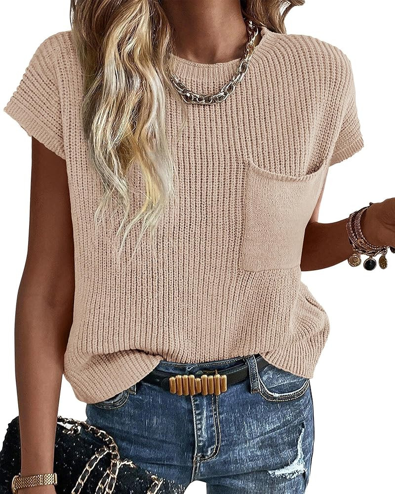 KIRUNDO Summer Fall Short Sleeve Sweater for Women 2025 Casual Sweater Vest Cotton Knit Pullover ... | Amazon (US)