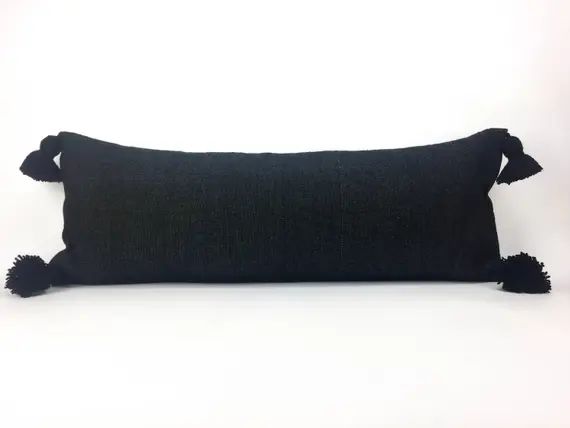 14" x 36" Black Pom Pom Long Lumbar Pillow Cover - Handwoven - Handmade - Moroccan - Cotton | Etsy (US)