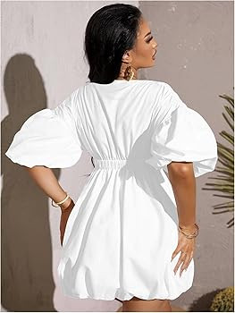 WDIRARA Women's Deep V Neck Puff Sleeve High Rise Flare Dress Elastic Waist Dress | Amazon (US)