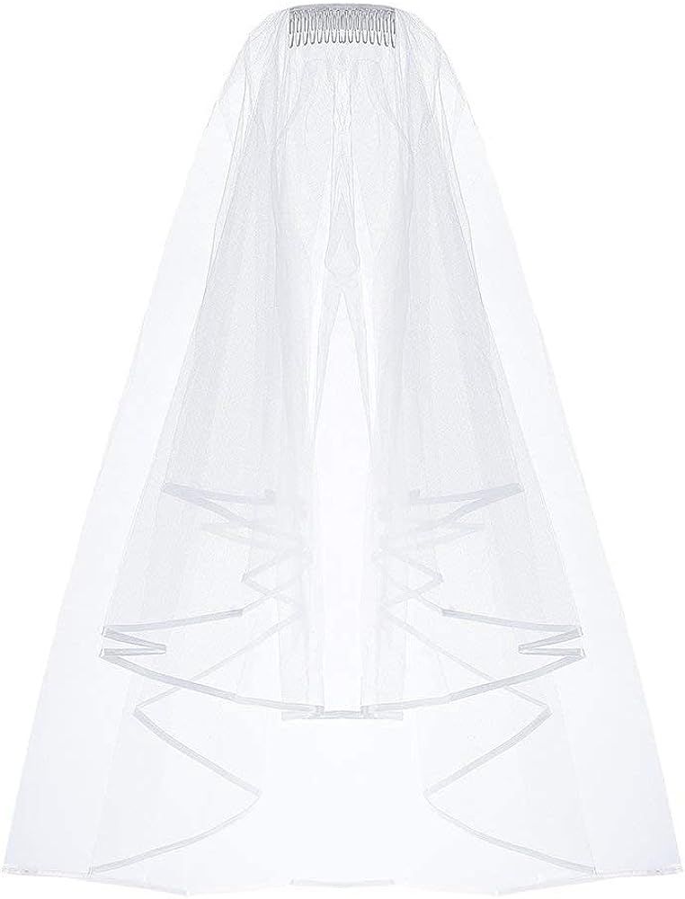 ZIYAN White Double Ribbon Edge Center Cascade Bridal Wedding Veil with Comb | Amazon (US)