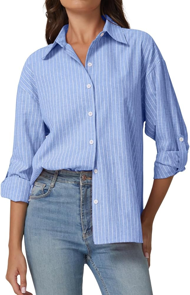 QINSEN Oversized Button Down Shirts for Women Long Sleeve Striped Casual Blouse Cotton Tops | Amazon (US)