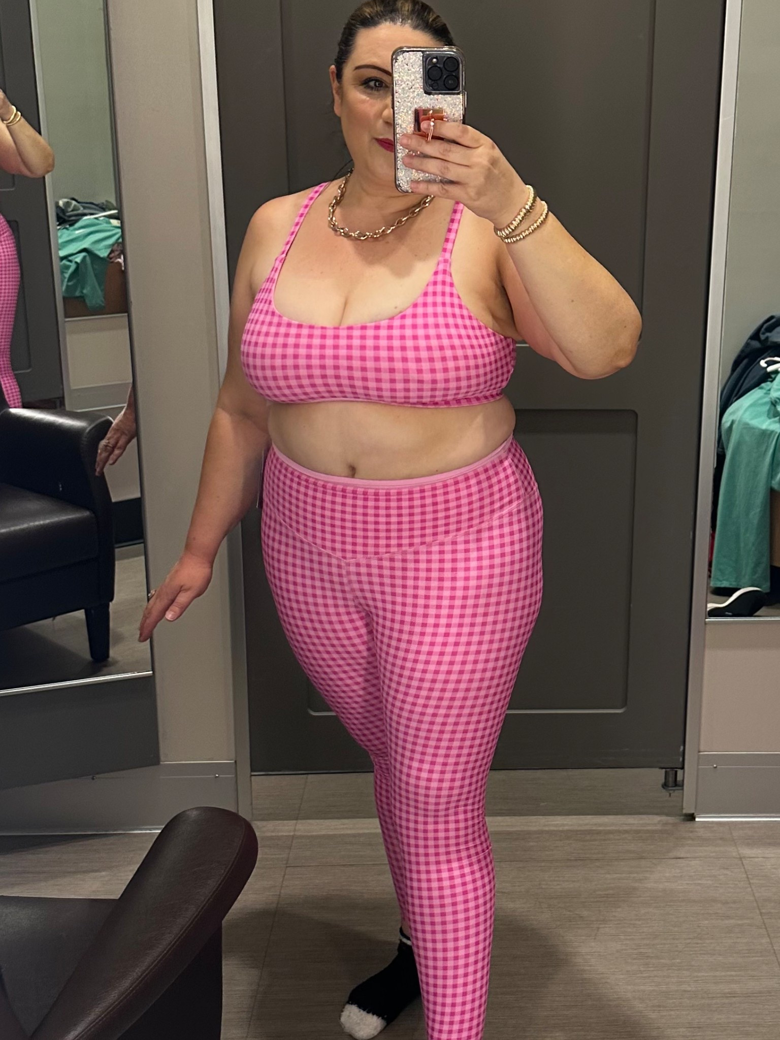 Channeling my Ellie Woods Legally Blonde pink vibes here in this athletic outfit. This pink gingham gives me life, this set is so buttery soft & stretchy too. 

Let me preface by saying they were out of my size so I had to squeeze into this. I’m pretty sure if I moved my arm too fast my tatas might have sprung out like a Jack n the box 🤣🤣

If you’re looking to get your activity on for the new year or just lounge around like me looking cute AF in pink this might the workout leisure set you’ve been dreaming about. I’ve also links some more Valentine’s Day month appropriate sets in pink red or hearts on my LTK ❤️ 

Comment “ legally blonde “ for the 🔗 or ✅ my LTK @StylingCurves

Gosh bless I’m a plus size 18 & squeezed my tid bits into an L sports bra & XL bottoms.

#workoutstyle #athleticwear #lesuirewear #plussizestyle #midsizestyle
#pinkworkoutoutfit #pinkootd #pinkgingham #prettyinpink 
#pinkworkoutgear #pinkathleticclothes #legallyblonde 

#LTKActive #LTKPlusSize #LTKMidsize