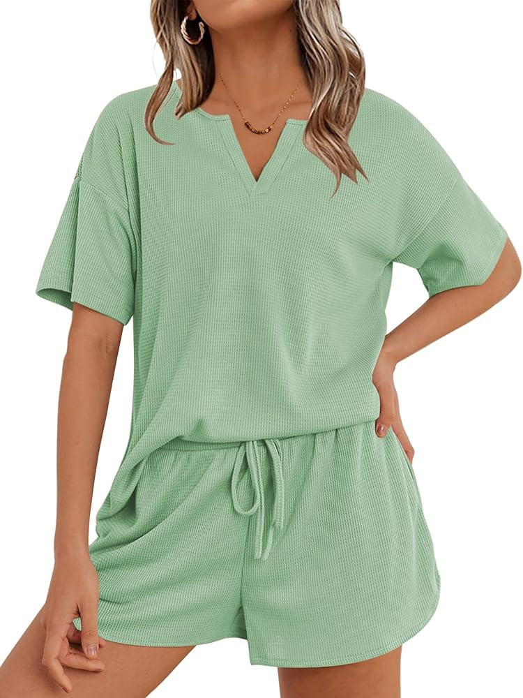 Ekouaer Waffle Knit Lounge Sets for Women 2 Piece Outfits Short Sleeve Top and Shorts Pajama Sets... | Amazon (US)