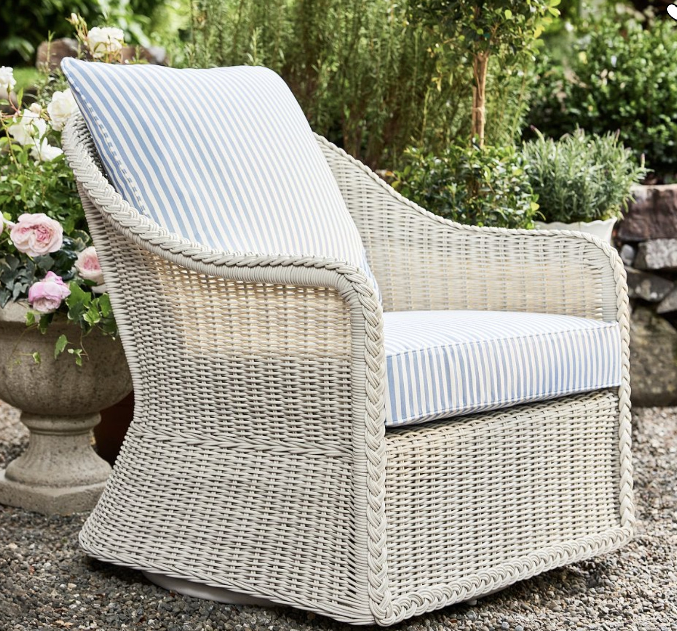 The LoveShackFancy x Pottery Barn outdoor collection is the one we keep coming back to. Wicker, braided detail, swivel everything — linked below. 

 #LTKOver40 #LTKHome