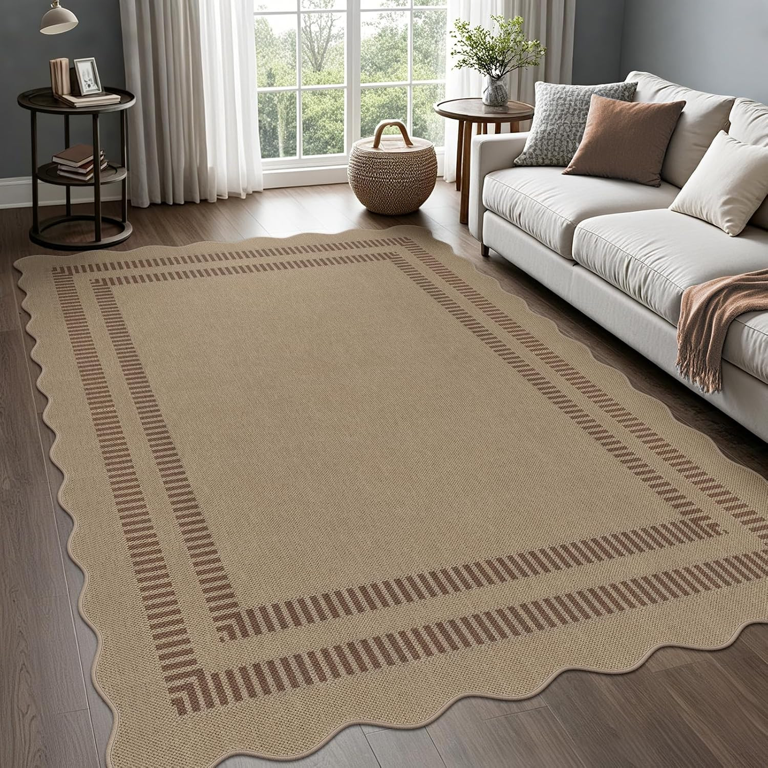 Scalloped 5x7 Rug for Living Room, Easy Jute Washable Outdoor Patio Carpet, Farmhouse Indoor Brown Geometric Rug Neutral Non Slip Carpet for Living Room Backyard | Amazon (US)