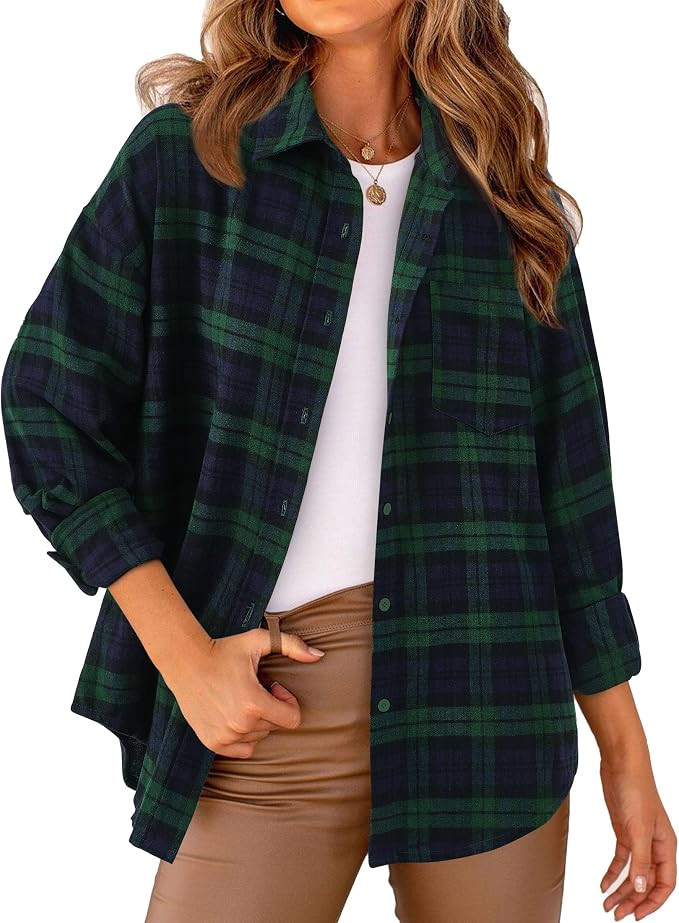 PRETTYGARDEN Women's Fall Long Sleeve Button Down Plaid Shirts Collared Loose Fit Cotton Casual L... | Amazon (US)